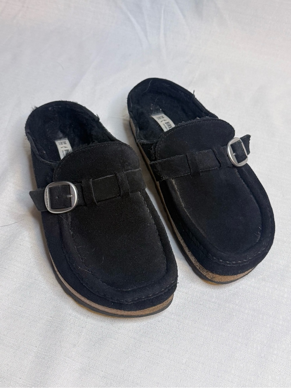 Birkenstock Black Buckley Shearling Suede Clogs Mules Shoes Size 39 8-8.5